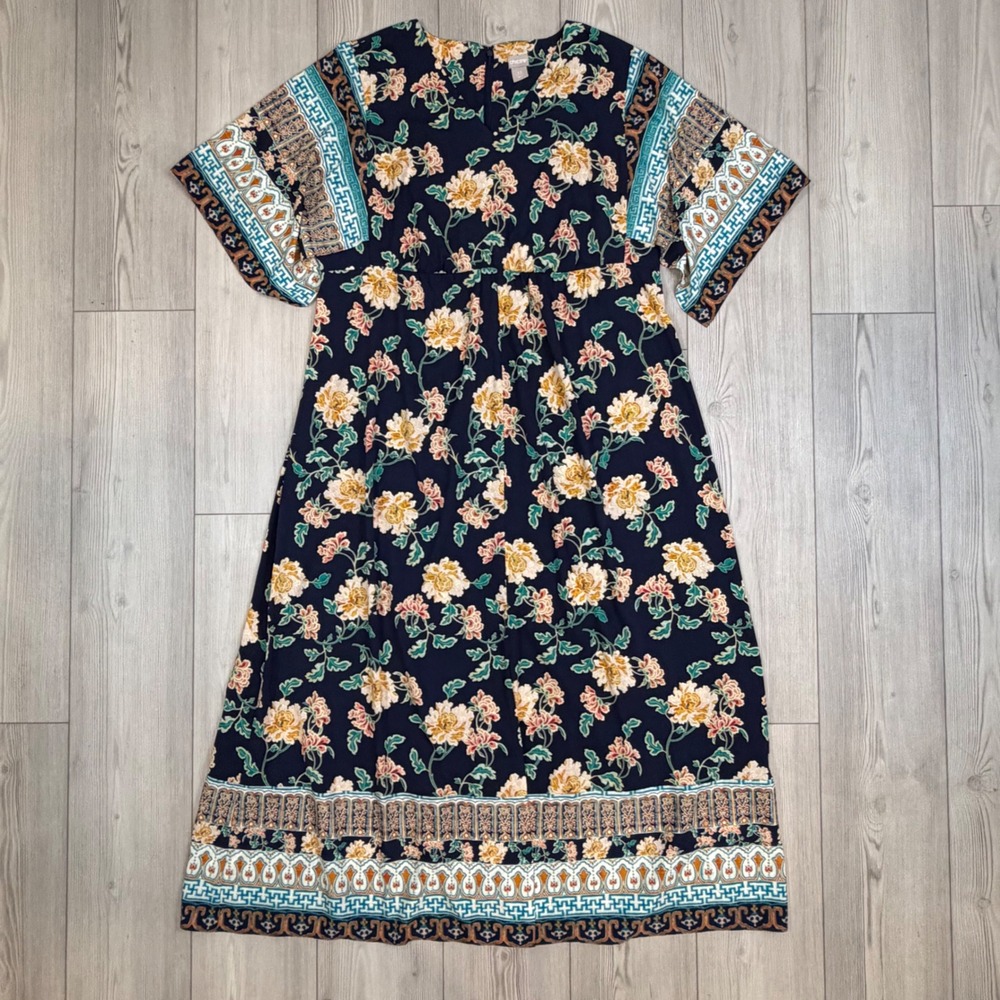 Chico's Floral Kimono Sleeve Maxi Dress Border Print Caftan Cruise Sz 3.5 XL 18